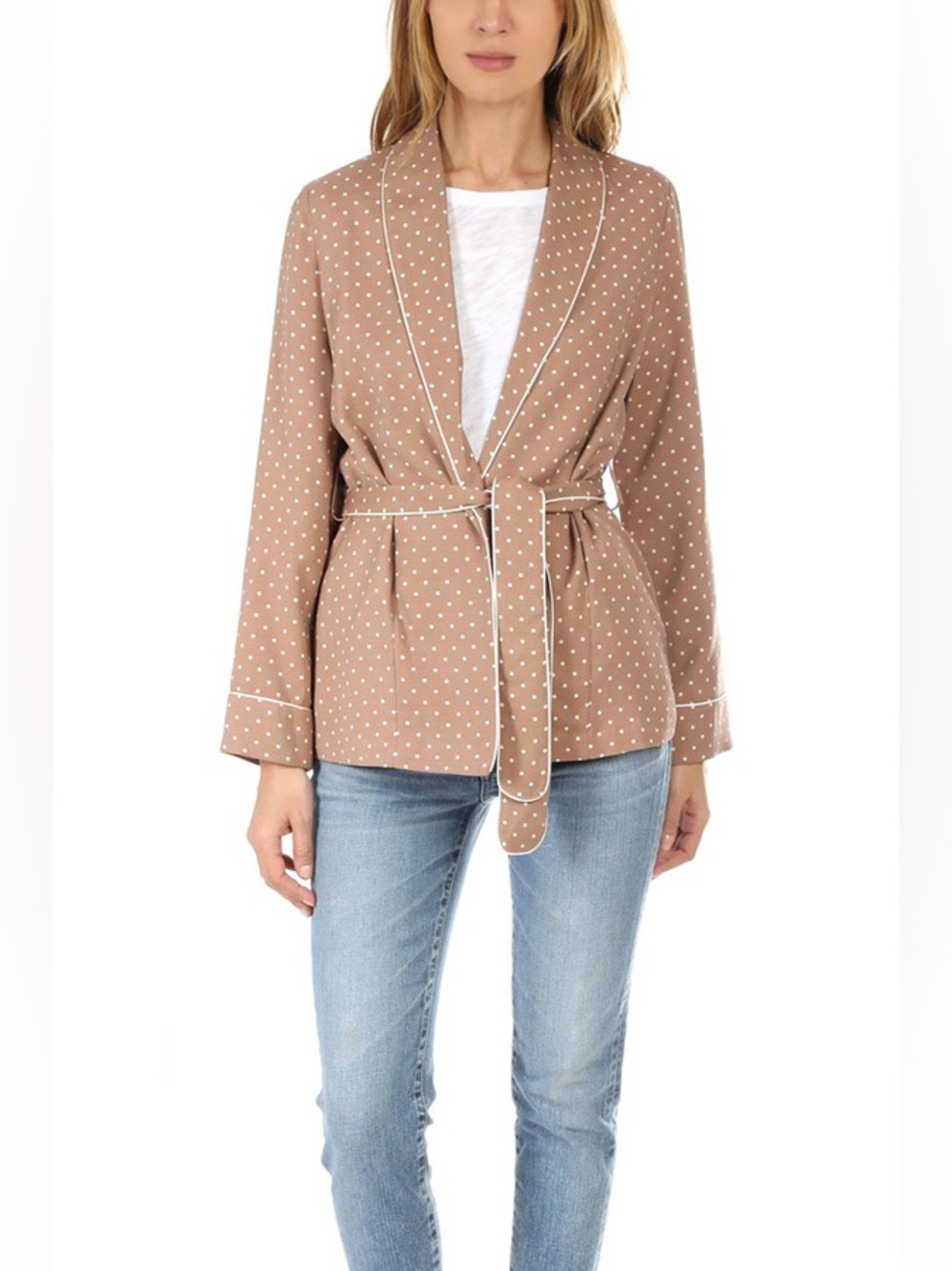 FRAME Polka Dot Smoking Jacket Blazer Tan White Belted Silk Blend | Size XS